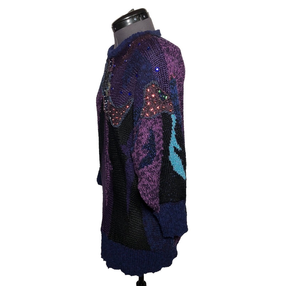 Vtg 80s Funky Statement Sweater Abstract Art Knit Beaded Glam Novelty M B44 - Picture 8 of 9